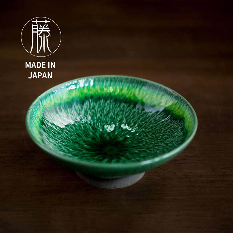 手作琉璃绿。日本进口陶瓷濑户烧高脚盘子家用餐盘果盘复古干果碟