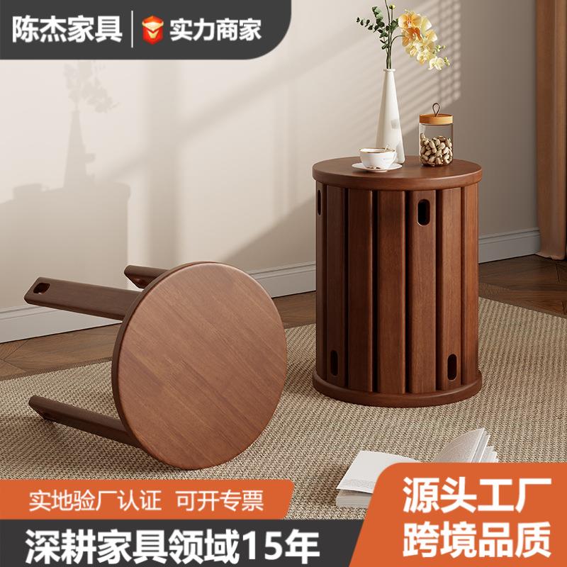 家用凳子可叠放实木圆凳叠叠乐新中式矮凳带滑轮木凳厨房餐厅板凳