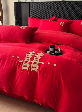 刺绣婚四件套庆红色绣花被套结婚单房双JSK人床被罩大四季通用直