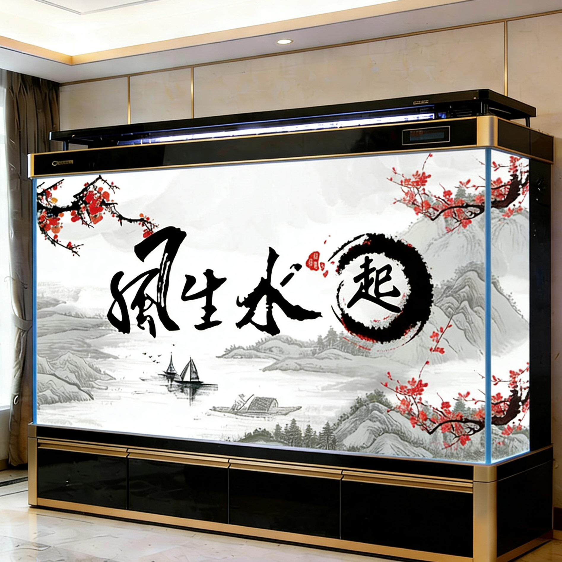 鱼缸背景贴纸高清图3D立体壁纸壁画造景水族箱贴纸自粘免胶风声水