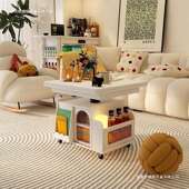 白色降升茶几可折叠餐发桌移动推车茶桌茶台两柜用客厅沙BIK边全