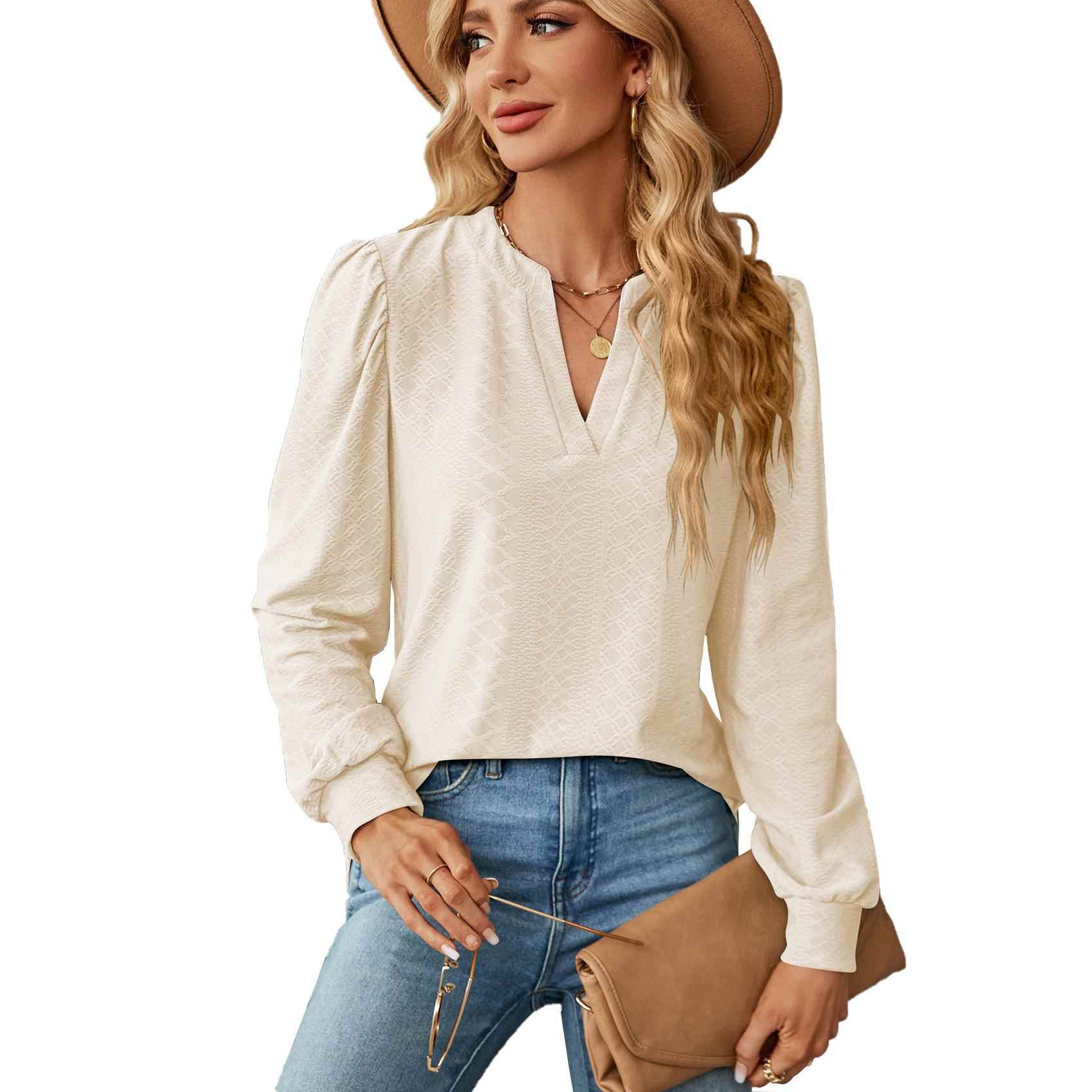 Solid color V-neck jacquard long-sleeved loose T-shirt top