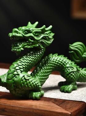 绿色木质五爪青龙摆件实木雕神龙生肖五爪金龙木制家居办公装饰品