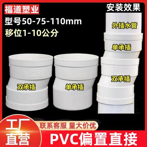 PVC单 双承插偏置直接头管古排水配件偏心移位器预埋件50 75 110