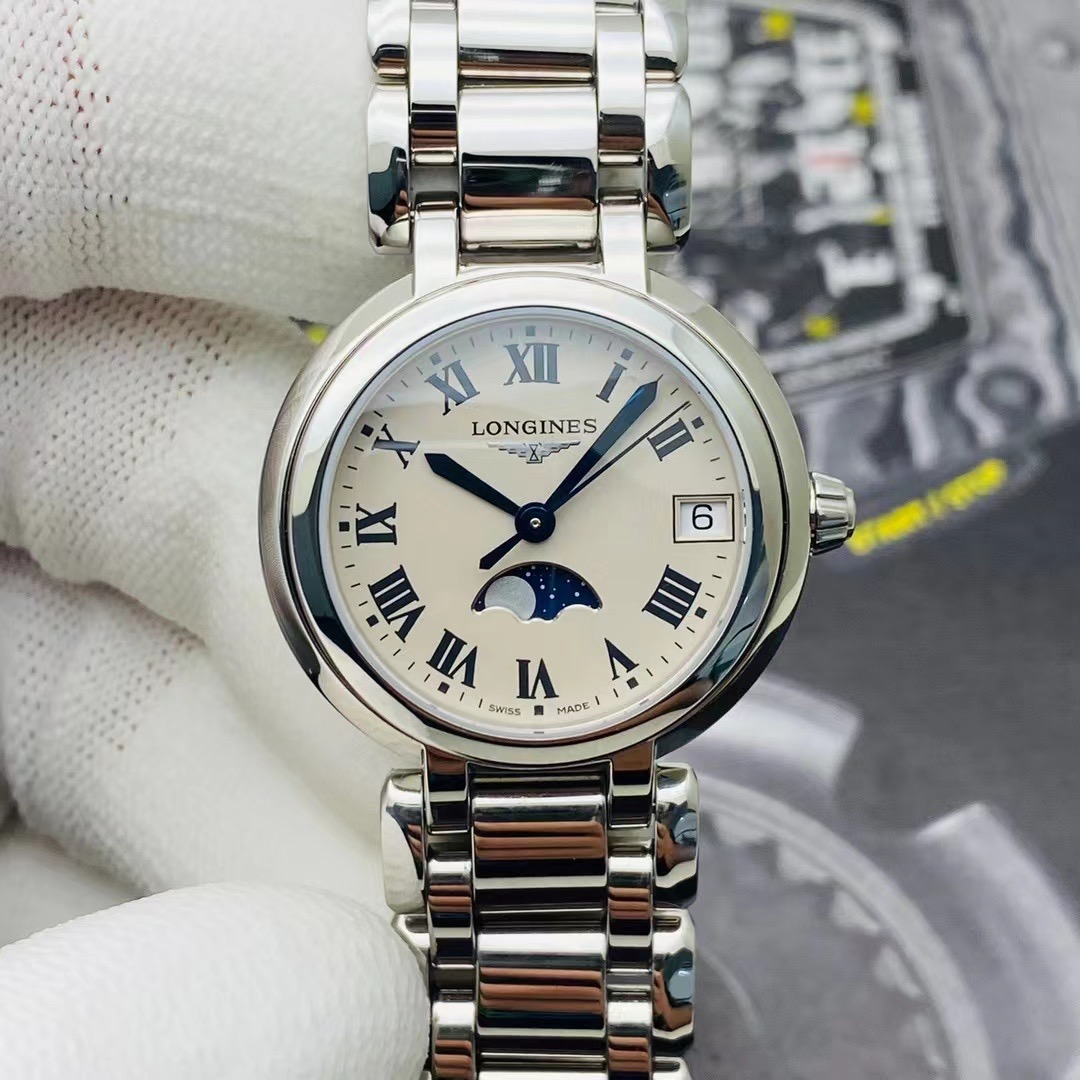 全套9.8新 浪琴心月系列精钢石英女表L8.115.4.71.6月相显示功能