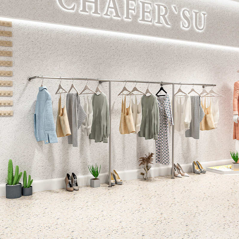 服装店展示架上墙不锈钢拉丝女装店侧挂陈列架服装架货架挂衣架子