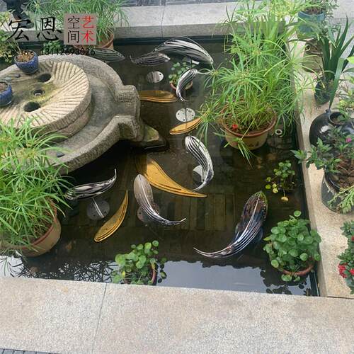 庭院水池不锈钢抽象层层鱼雕塑广场样品屋展示中心金属镜面镂空小