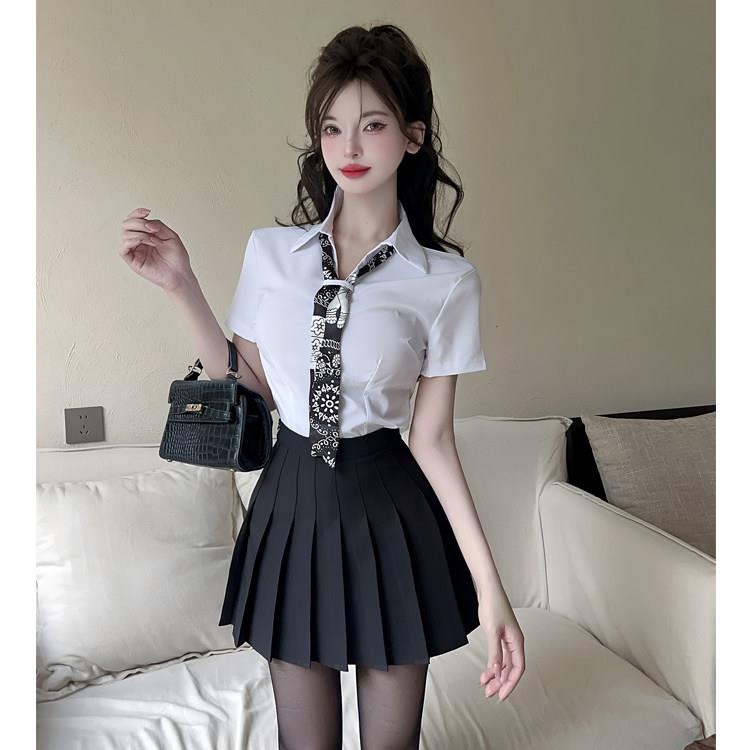 制服学院风套装女夏白衬衫百褶裙两件套女足疗技师工作服