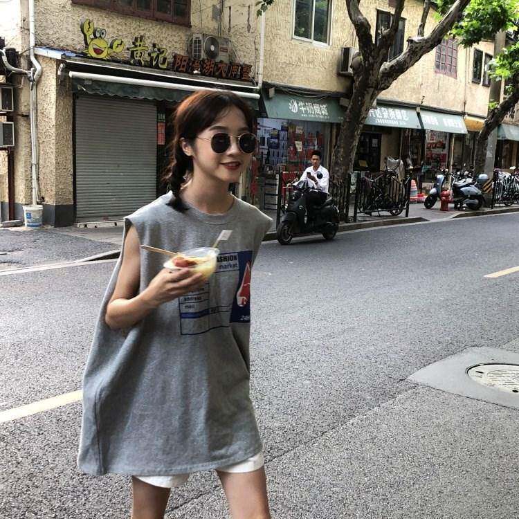 叉夏季韩版后背开前后字母印花宽松长款无袖中背心女T恤上衣