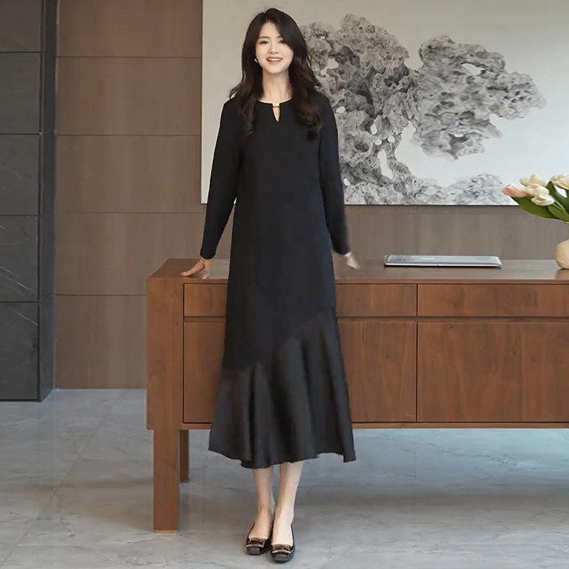 香港代购赫本风黑色长袖连衣裙女春季新款显瘦中长款拼接鱼尾裙子