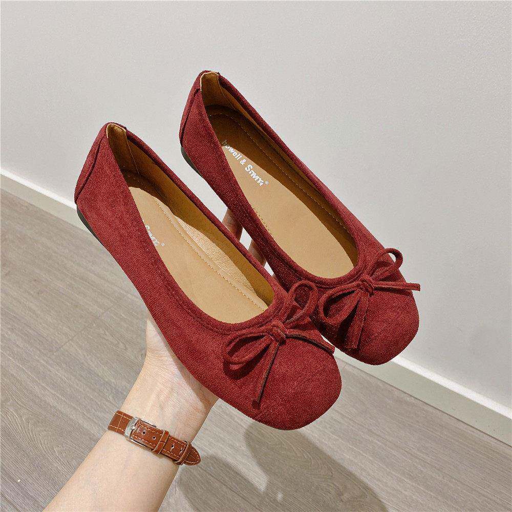 女款百搭浅口平底单鞋仙女风红色蝴蝶结方头女2026新款软底豆豆鞋