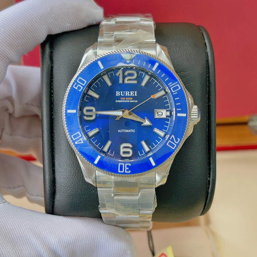 一口价盒证99新BUREI宝梭蓝面时尚潮流精钢自动机械手表男表SW500