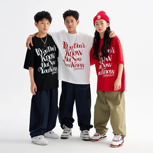 FUJAM儿童街舞潮牌男女童嘻哈hiphop痞帅印花短袖T恤夏季演出服装