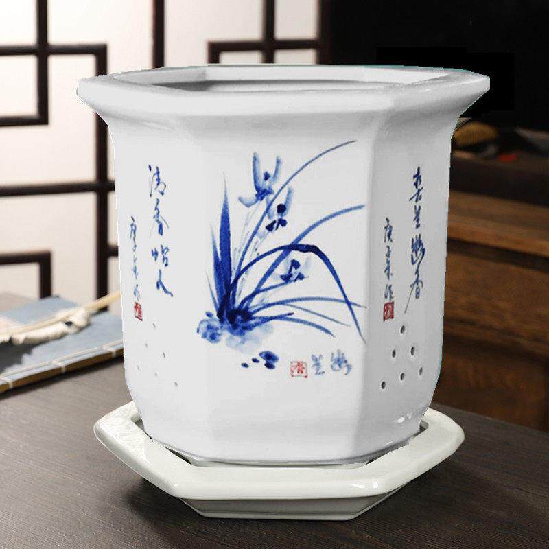 景德镇青花瓷陶瓷手绘花盆六角兰花钵专用盆文竹芦苇新中式带托盘