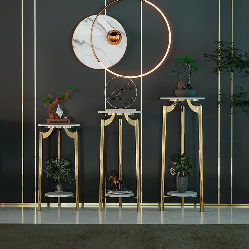 W6中式轻奢金色不锈钢花架子落地式客厅电视柜旁摆件室内酒店置物