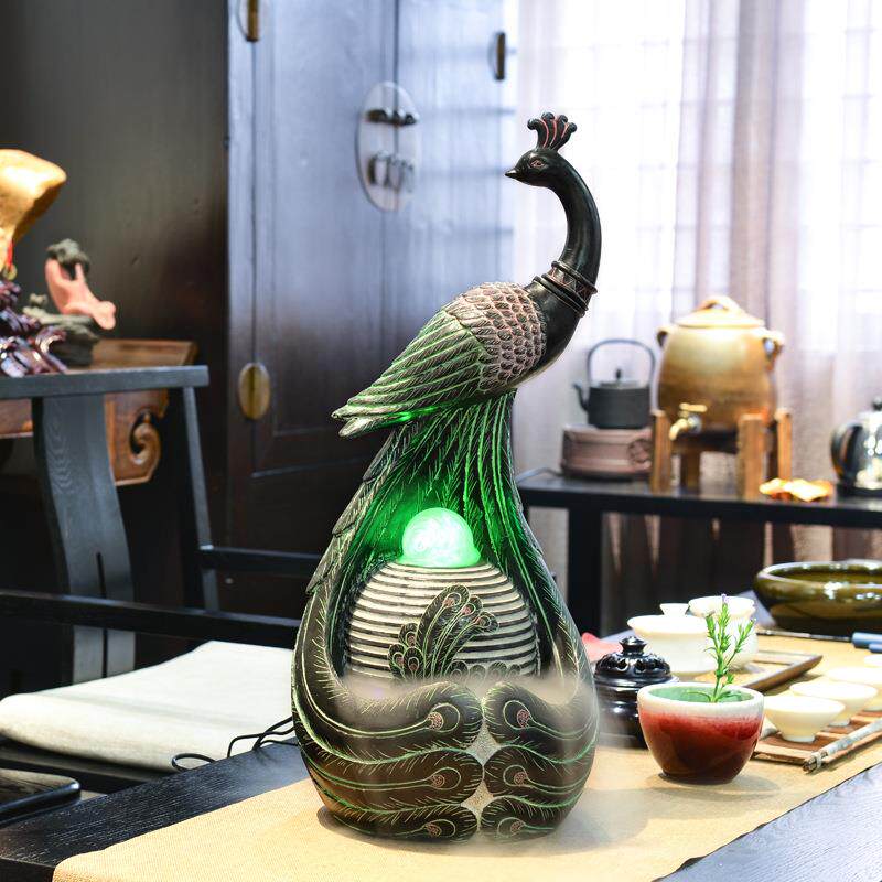 孔雀招财风水创意客厅家居装饰品鱼缸摆件流水喷泉加湿器开业礼品