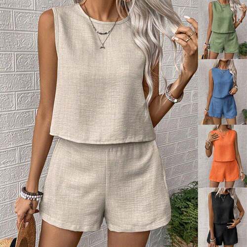 Twopiece womens solid color fashion sleeveless round neck