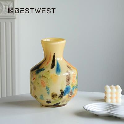 Best west 中古芬顿玉质琥珀玻璃花瓶样板房客厅家居摆件琉璃花器
