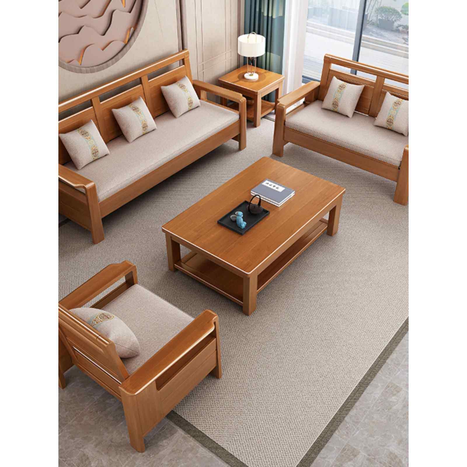中式冬夏两用实木沙发贵妃1+2+3茶几组合客厅小户型简约经济家具