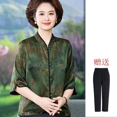 中老年人香云纱衬衫女夏装桑蚕丝妈妈七分袖真丝上衣女士开衫套装