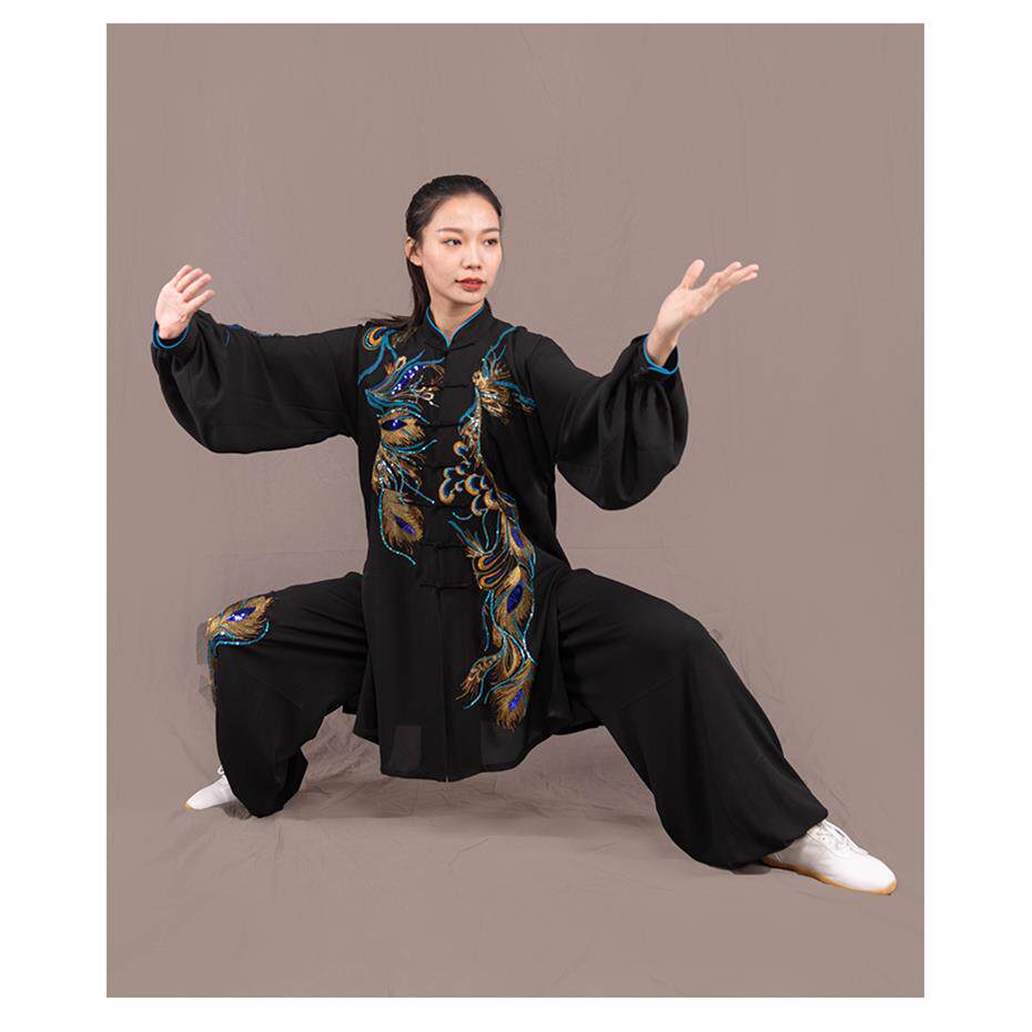 正品马比蕾太极中长款春服男服女夏新款太极赛透气飘逸武术贴纱绣