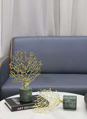现代约色珊瑚0894树理石底大座金摆件书房玄关客厅电视柜家居装饰