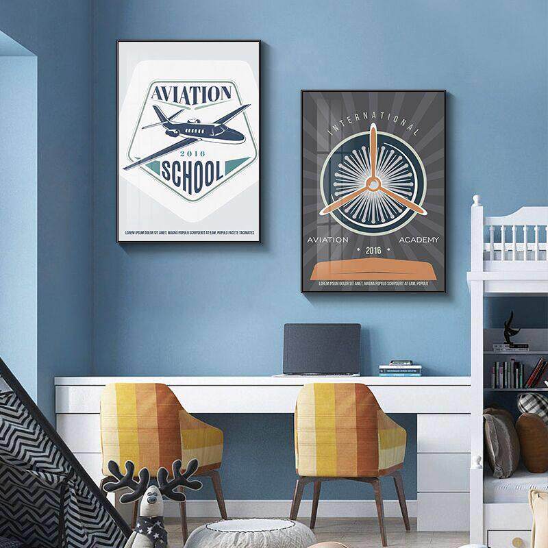 飞行员儿童房装饰画北欧个性创意男孩卧室床头画飞机卡通房间挂画