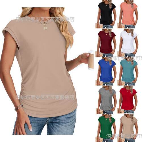Womens Summer Tops 2025 Ruched Cap Sleeve Tshirts Shirts