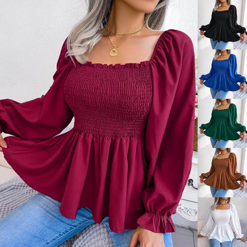 Women's Spring Autumn Square Neck Pure Color Solid Ruffled