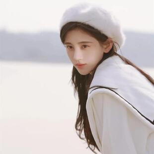 白色毛绒绒帽子女2022年爆款贝雷帽小众高级设计感百搭秋冬季