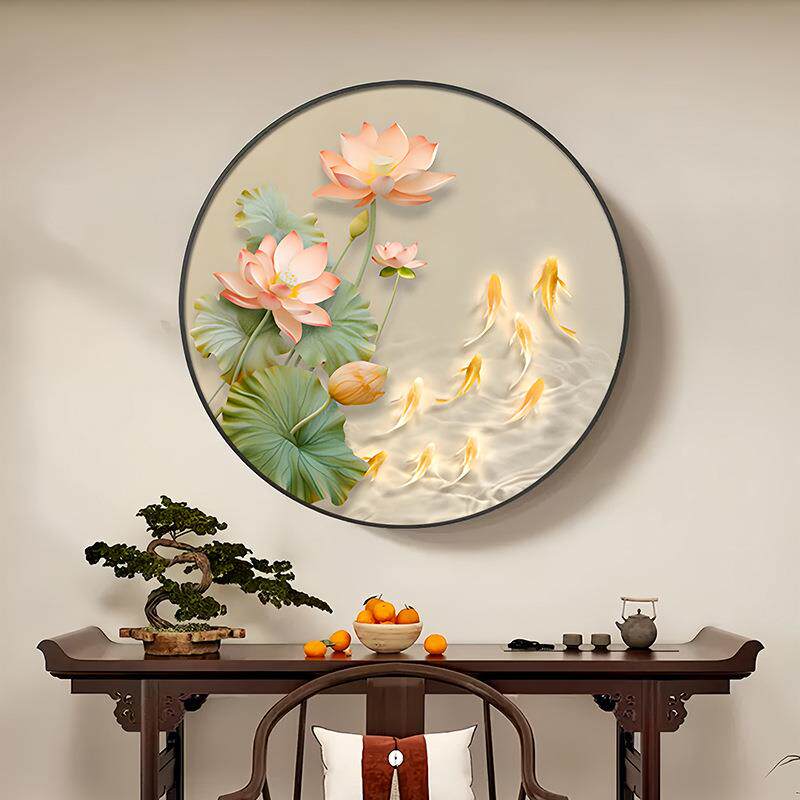 荷花九鱼图玄关装饰画新中式走道廊MAI过画挂带灯入户正对圆门壁