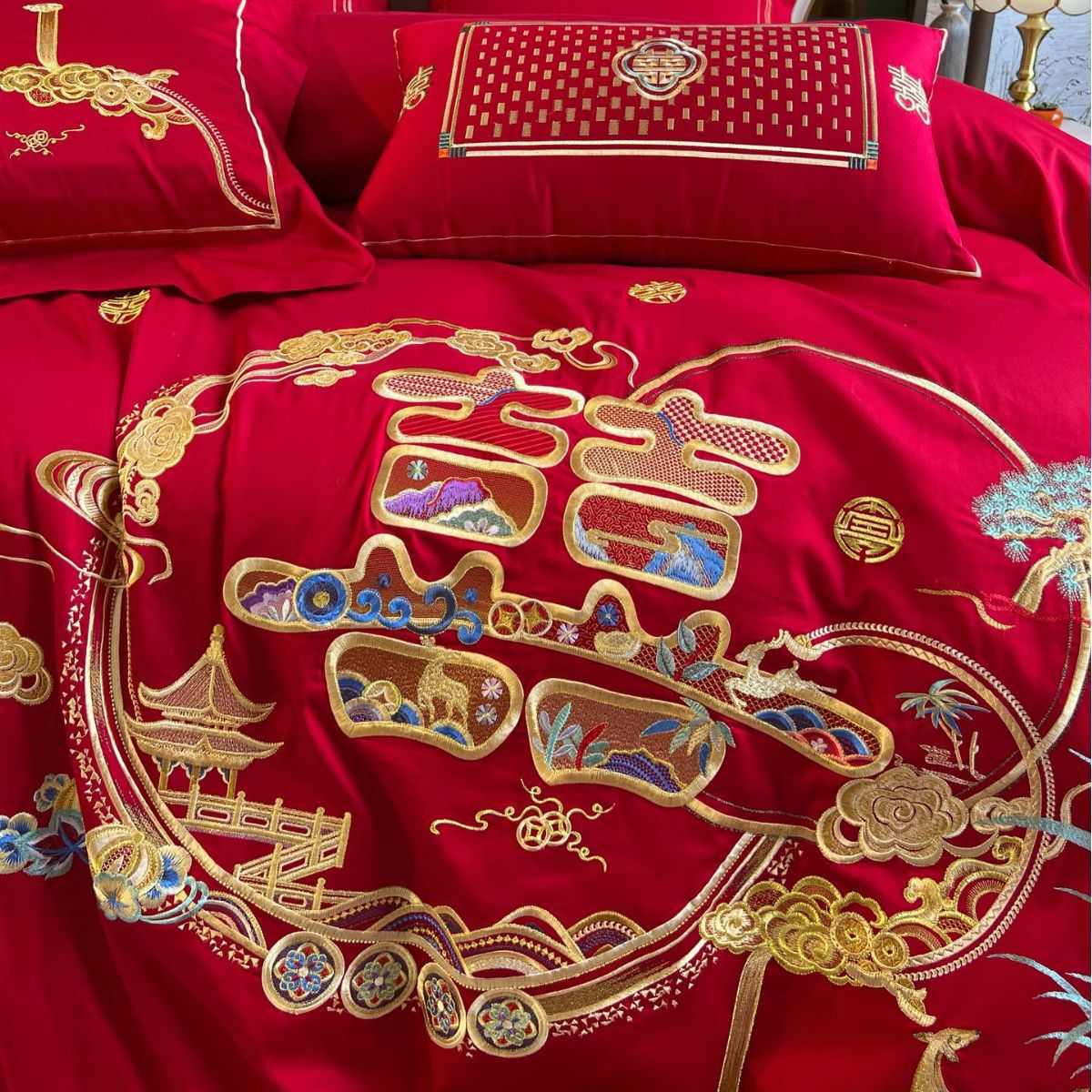 100被套中式婚刺绣房色全床上用品被喜绣花四件套红支结婚婚庆棉