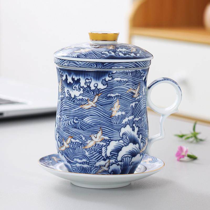 陶瓷茶杯带盖过滤泡茶杯四件套办公室会议杯子个人专用茶水分离杯
