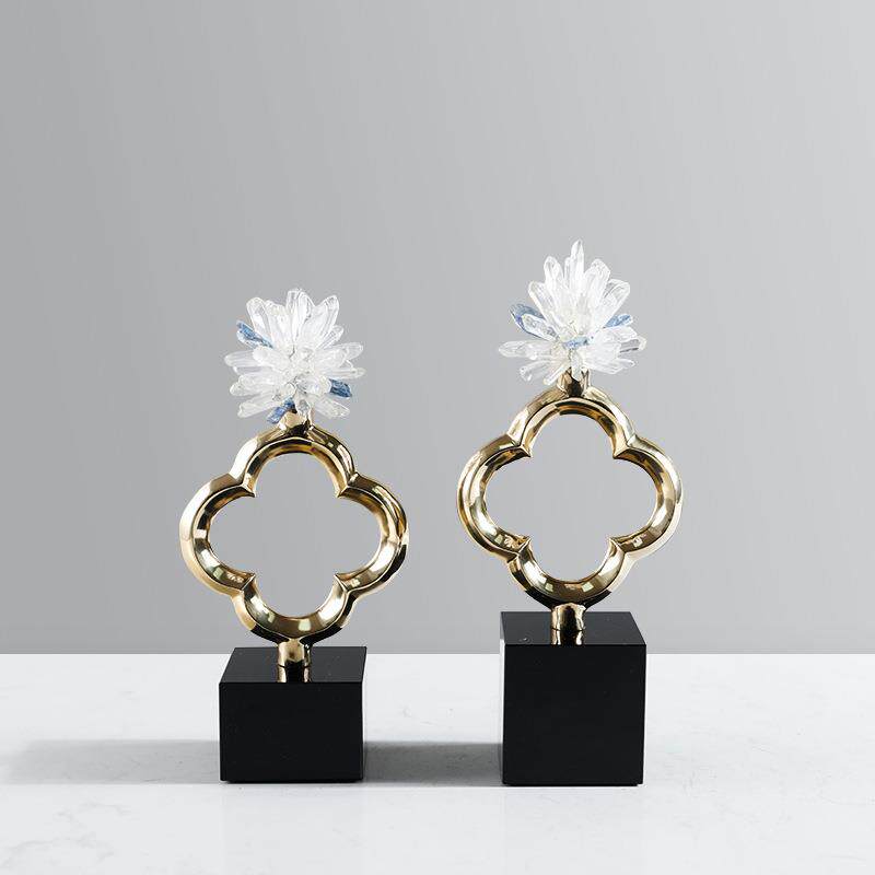 四叶草白色水晶花摆件黑色水晶底座高档卧室玄关家居软装装饰品