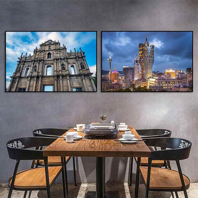 澳门城市夜景挂画酒店大堂茶餐厅冰室装饰画威尼斯人建筑风景壁画