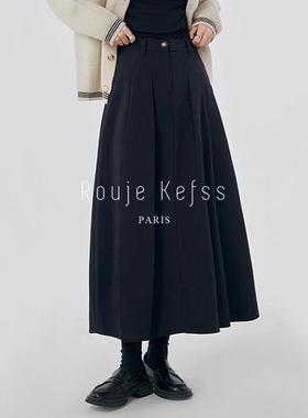 Rouje kefss法式黑色高腰百褶半身裙女秋冬季遮跨伞裙中长款a字裙