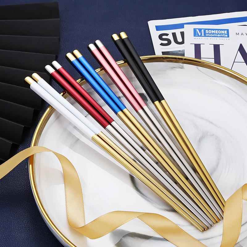 新款304不锈钢筷子网红全方筷五双装礼品盒中式酒店家用筷子套装