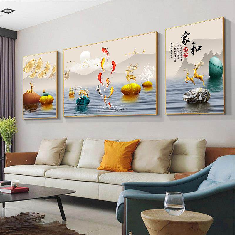 客厅装饰画 画九鱼图沙发背景墙挂画 画新中式北欧三联现代卧室轻