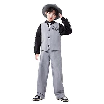 儿童爵士舞套装西装马甲潮服男女童locking锁舞Popping街舞演出服