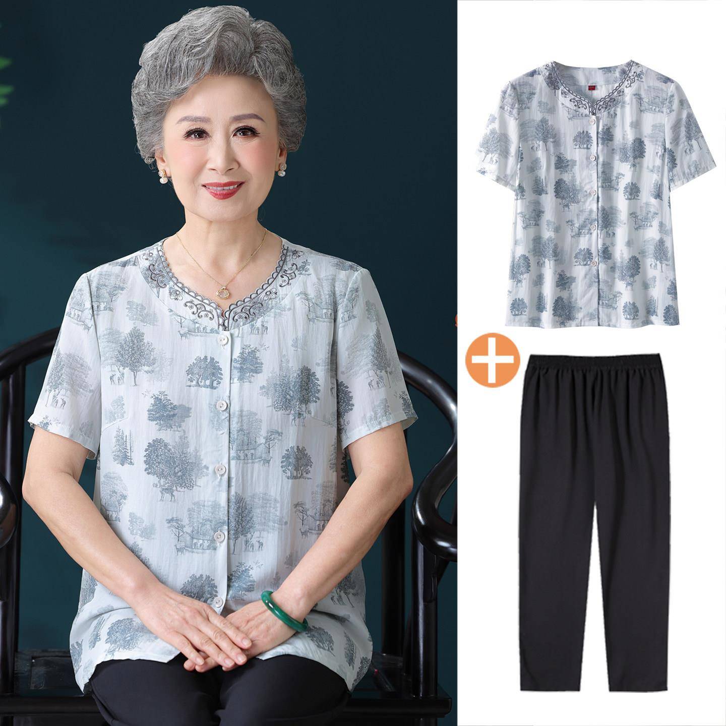奶奶装夏装短袖开 襟外套女70岁80多妈妈太太纯棉绸上衣服90老年