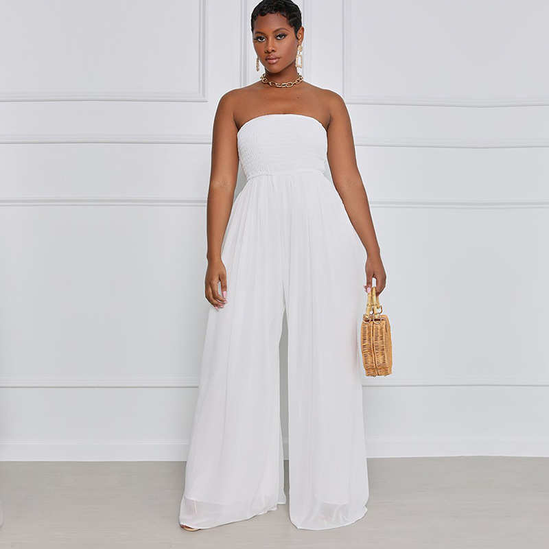 8582欧美女装蓝色阔腿休闲雪纺高腰连衣裤裤子女连体裤夏连体衣