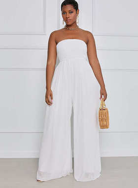 8582欧美女装蓝色阔腿休闲雪纺高腰连衣裤裤子女连体裤夏连体衣