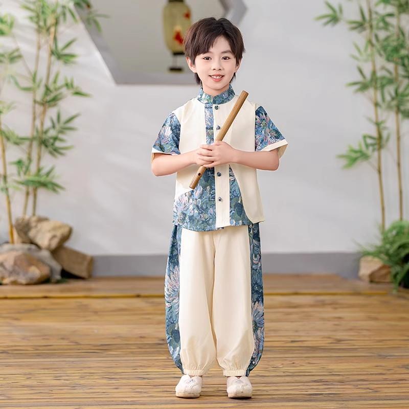 法国男童汉服套装2025唐装中式国风演出儿童表演服古装男孩夏季潮
