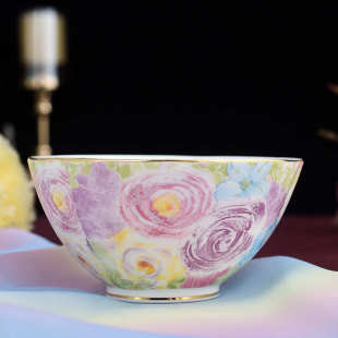 家用酒店陶瓷米饭碗韩式 bowl 粉花卉荷口碗家用酒店金边餐具 bone