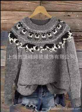 cute cartoon pink sweater autumnwinter round neck long