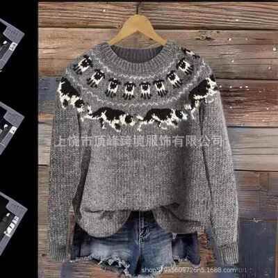 cute cartoon pink sweater autumnwinter round neck long