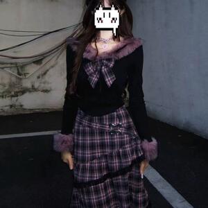 鬼马少女小香风miu系千金格子连衣裙秋冬毛领上衣半身长裙两件套