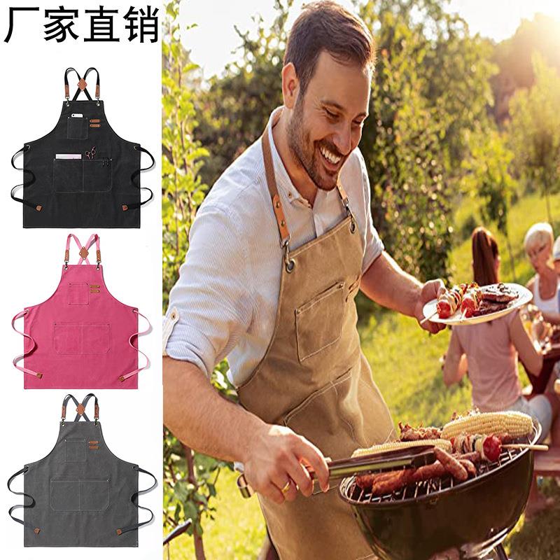 外贸加厚帆布围裙家用厨房烧烤奶茶咖啡店防油防水工作服围裙