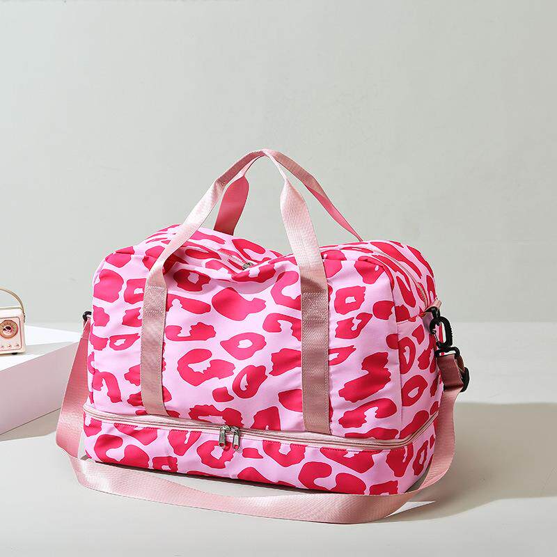 女款运动健身包豹纹牛津布行李收纳袋女时尚便携式短途手提旅行包