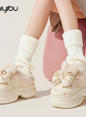 2025新款蝴蝶结棉拖鞋女外穿防水防滑冬季加厚毛毛绒保暖居家居鞋